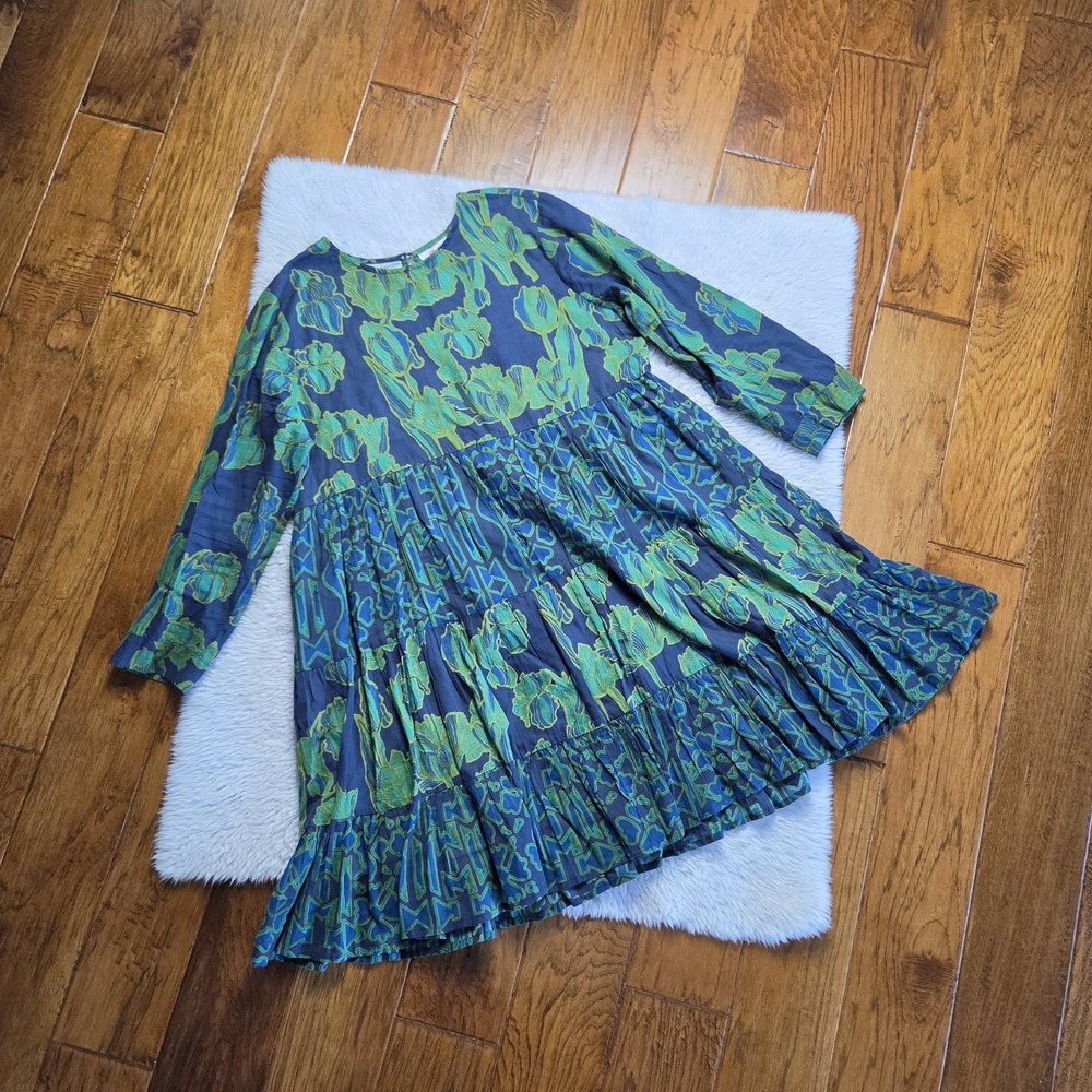 Ro's Garden Tuckernuck Tiered Dress Women's Medium Cotton Blue Green Floral